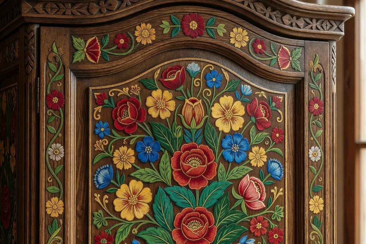 Détail peint d'un coffre de mariage alsacien orné de tulipes et de cœurs entrelacés