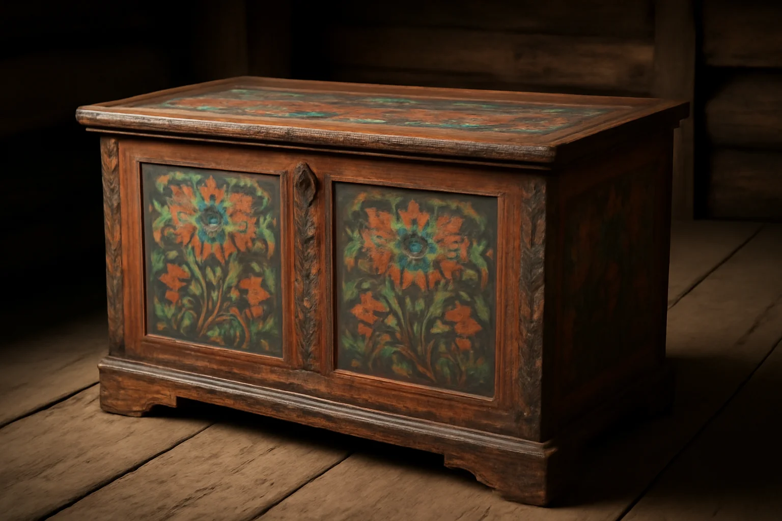 Coffre ancien peint à motifs floraux populaires dans une ferme, patine d'usage
