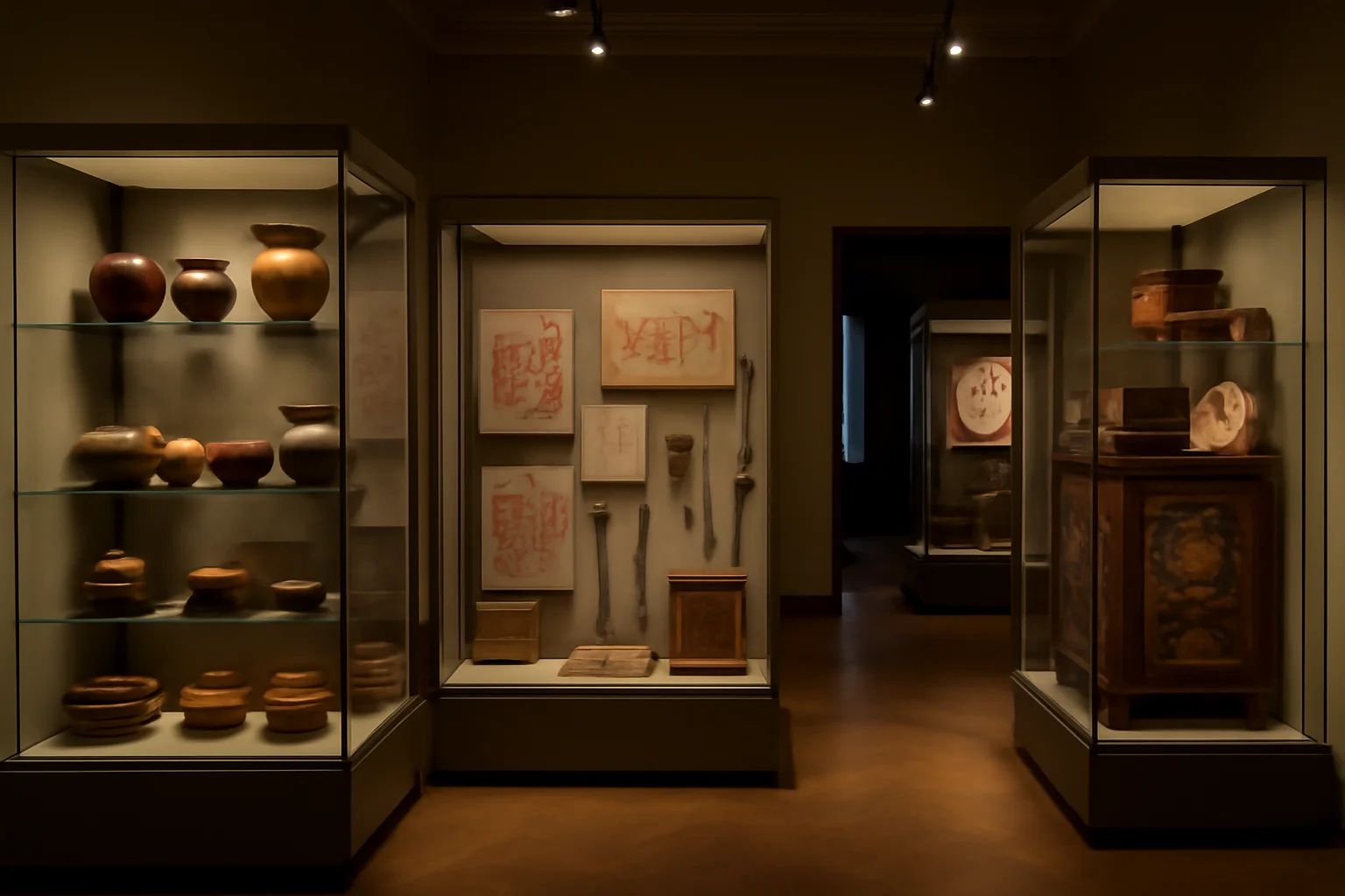 Salle de musée d'art populaire avec vitrines d'objets traditionnels, céramiques, textiles et outils d'artisans