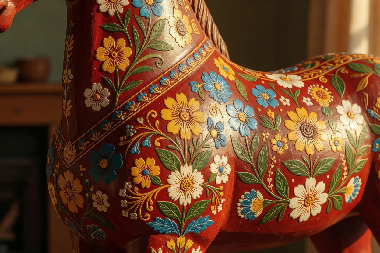 Artisan peignant à la main les motifs floraux kurbits sur un cheval de Dalécarlie en bois