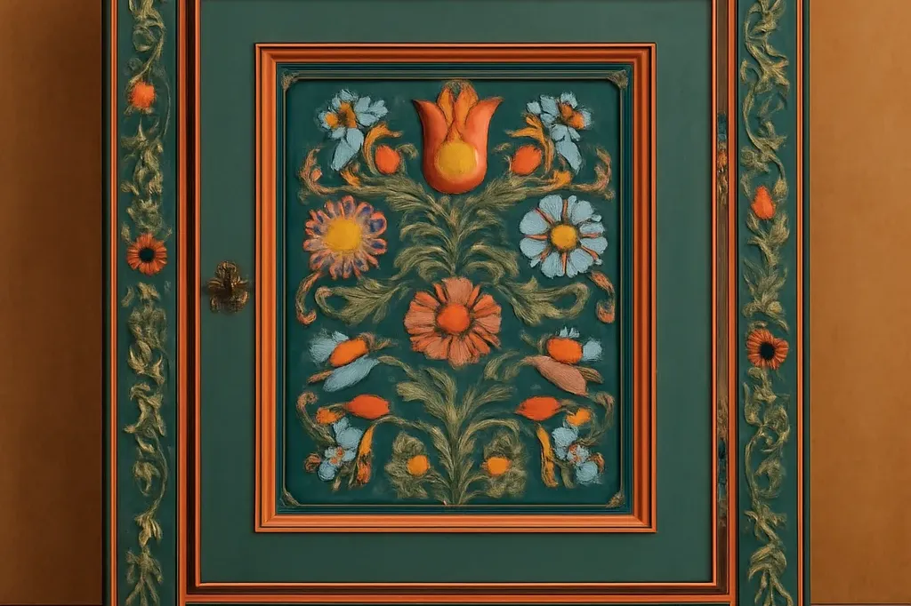 Coffre en bois norvégien décoré de motifs rosemaling colorés dans le style du Telemark
