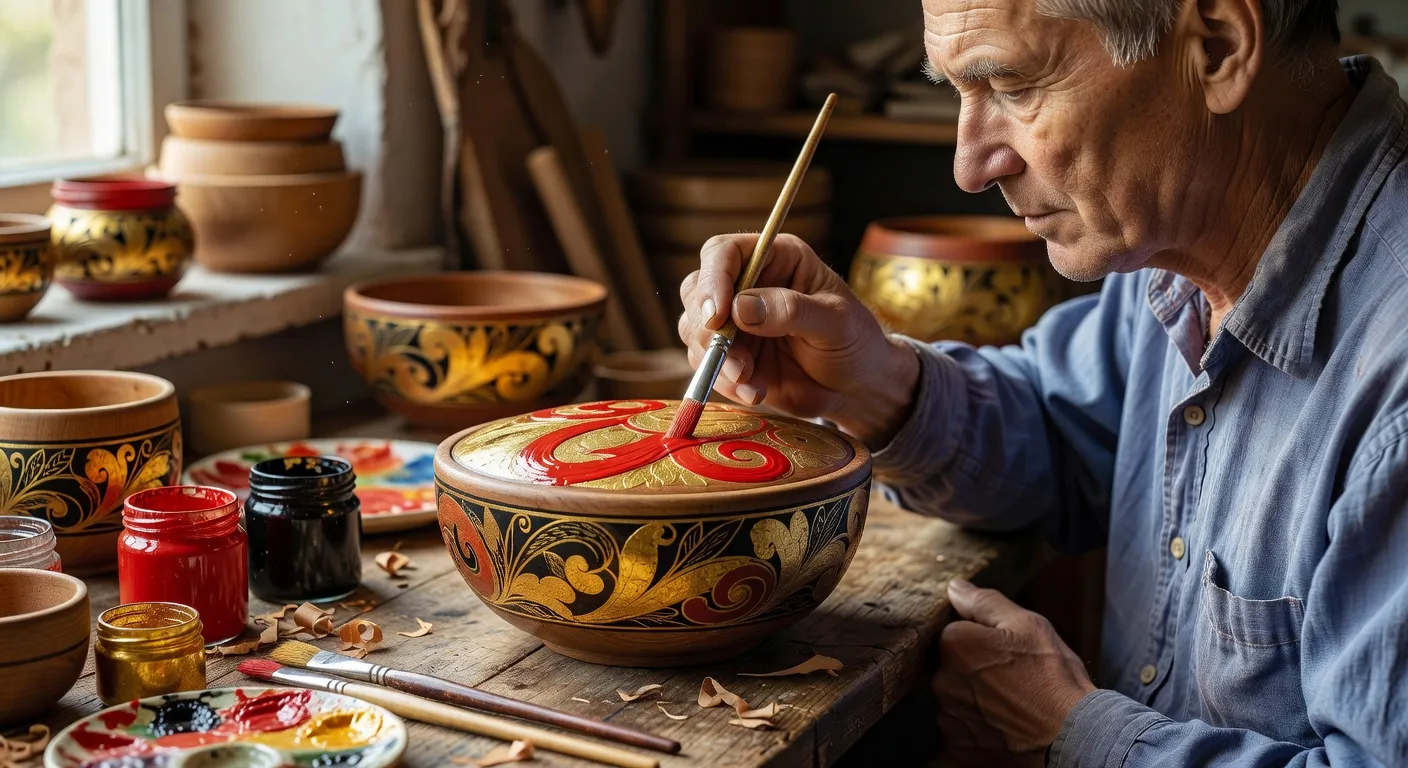 Artisan peignant des motifs khokhloma traditionnels sur un bol en bois de tilleul