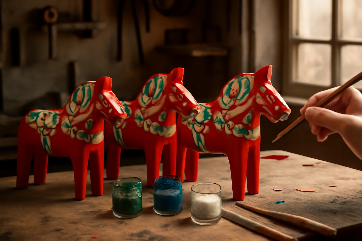 Chevaux de Dalécarlie rouges en cours de peinture florale dans un atelier suédois, pinceaux et pots de peinture