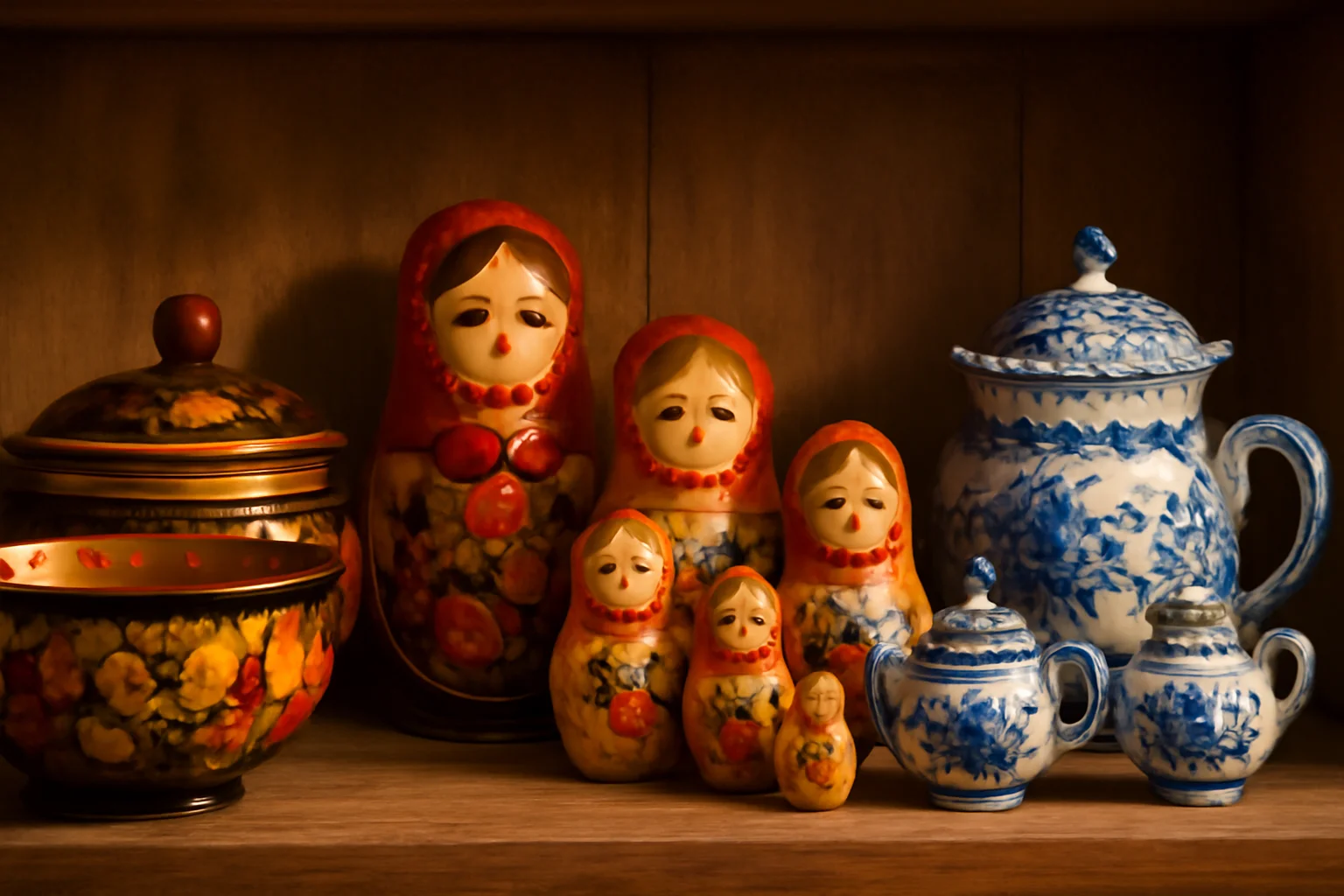 Arts décoratifs russes traditionnels : bols khokhloma dorés, porcelaine bleue et blanche de gjel et poupées matriochkas sur une étagère en bois