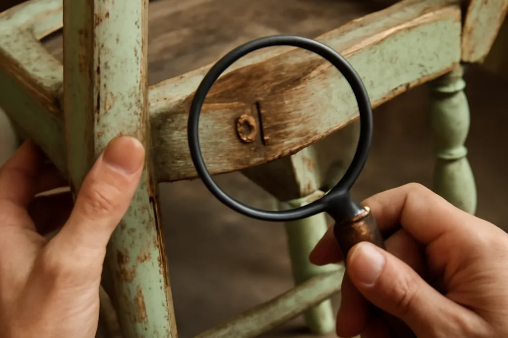 Mains examinant à la loupe le dessous d'une chaise ancienne en bois peint