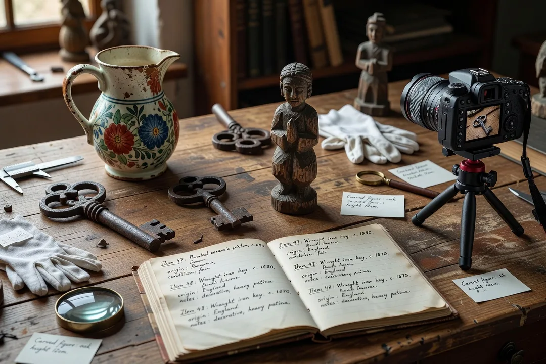 Collection d'objets d'art populaire cataloguée sur une table d'atelier