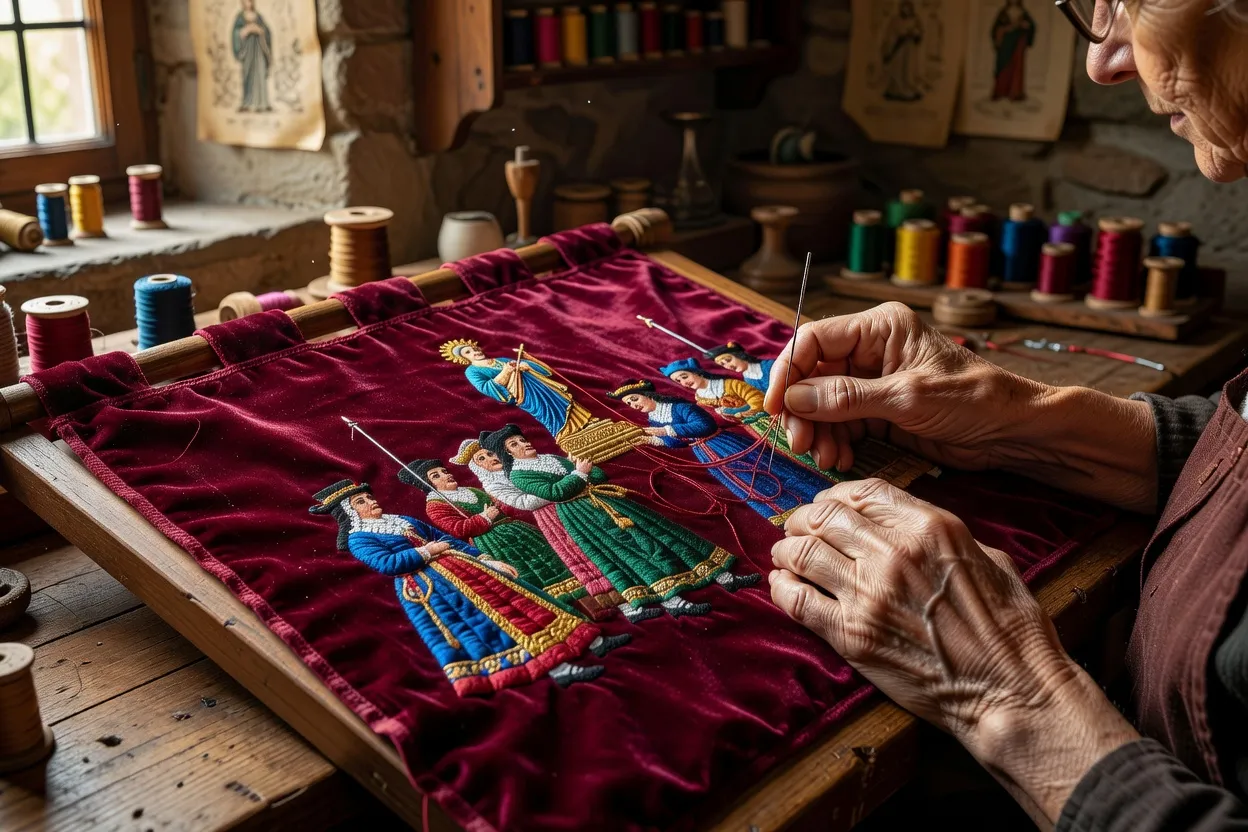 Mains d'une brodeuse travaillant une bannière de procession en velours dans un atelier breton