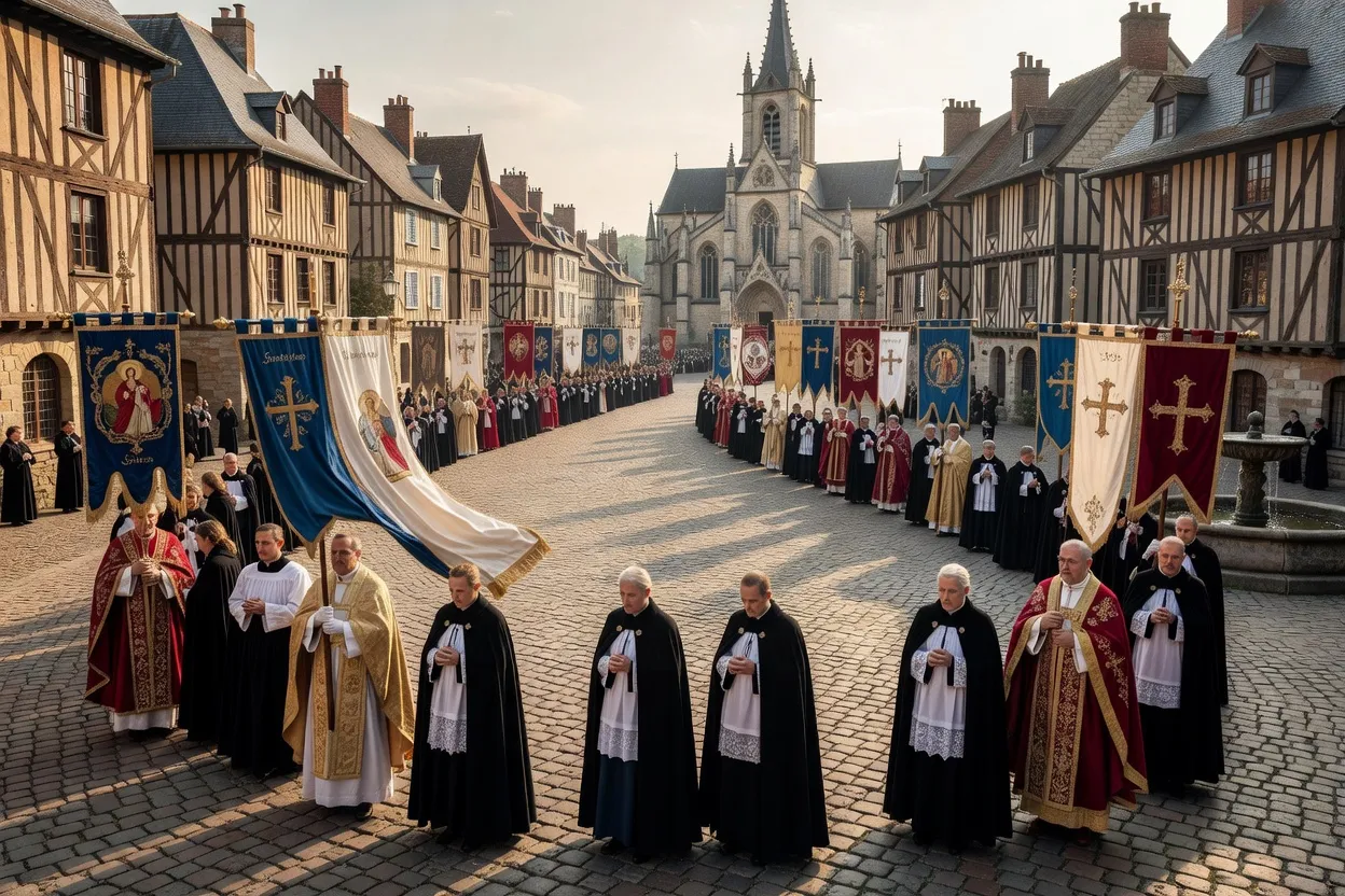 Long cortège processionnel traversant une place de ville historique française, bannières et bâtons visibles au-dessus de la foule