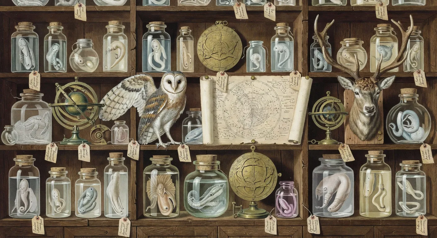 Gravure ancienne représentant un cabinet de curiosités de la Renaissance avec des spécimens naturels