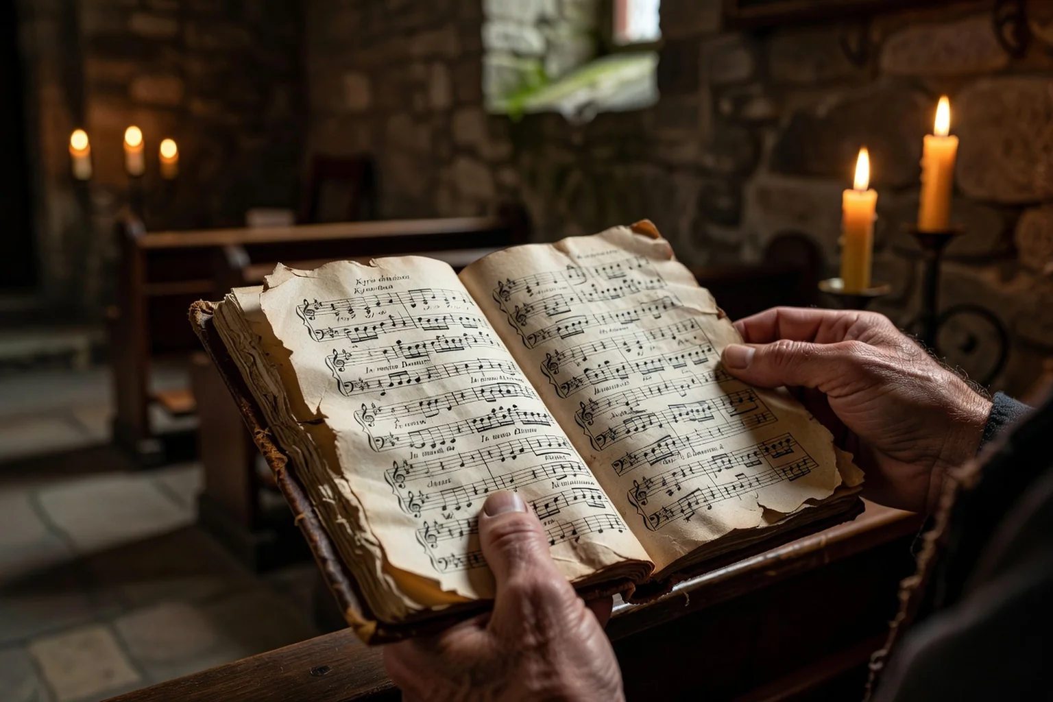 Mains tenant un ancien livret de cantiques processionnels à la notation musicale jaunie, à la lueur d'une bougie dans une église rurale