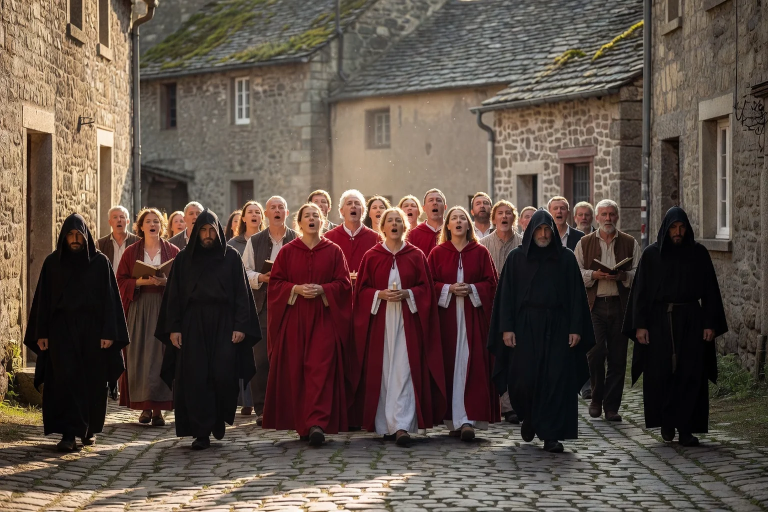 Petit chœur paroissial chantant lors d'une procession en plein air dans un village, pénitents en robe et villageois rassemblés devant des maisons anciennes