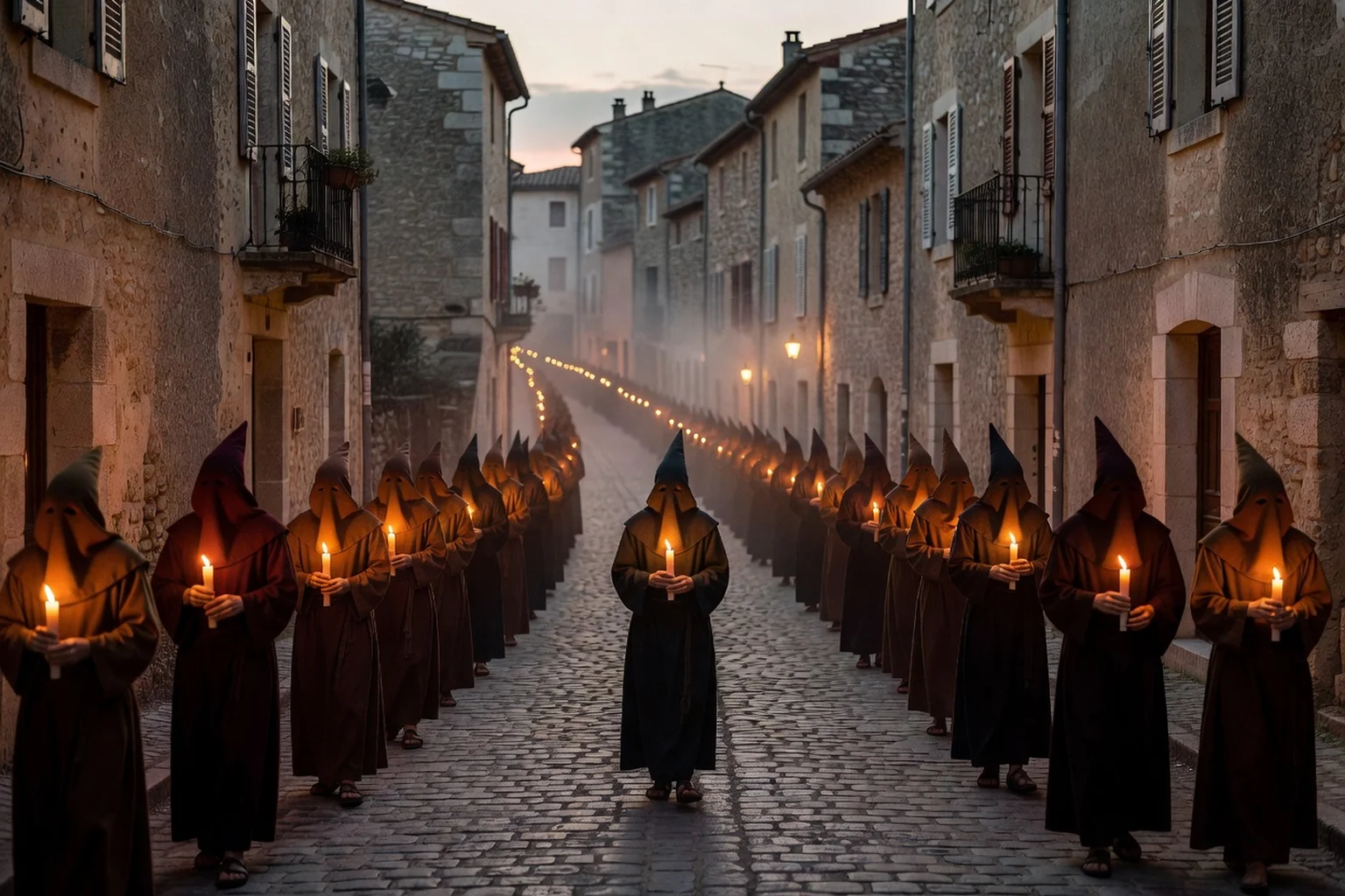 Procession pénitentielle du Vendredi Saint au crépuscule dans une rue ancienne du sud de la France, cierges allumés et chants
