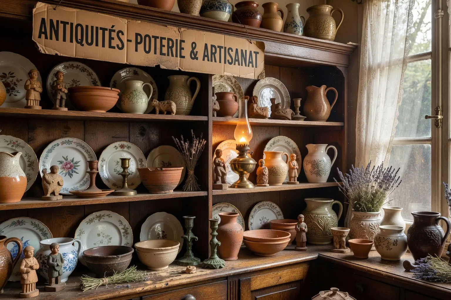 Collection d'objets d'art populaire anciens : faïences, ferronnerie et poteries