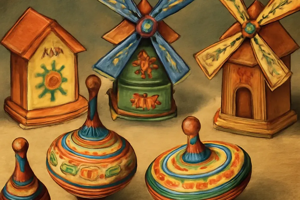 Toupies et poupées en bois anciennes d'une collection de jouets populaires