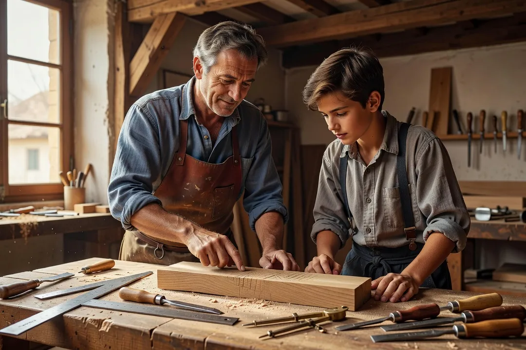 Jeune apprenti compagnon recevant les conseils d'un compagnon expérimenté dans un atelier de charpente