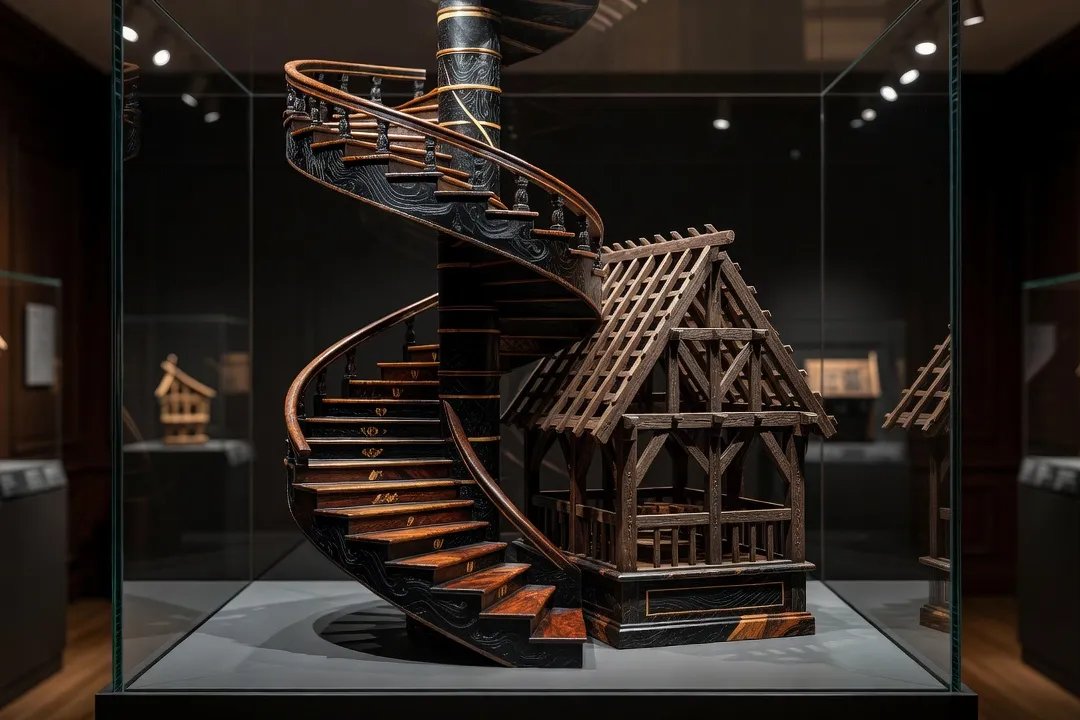 Chef-d'œuvre de réception en ébénisterie exposé dans une vitrine de musée du compagnonnage