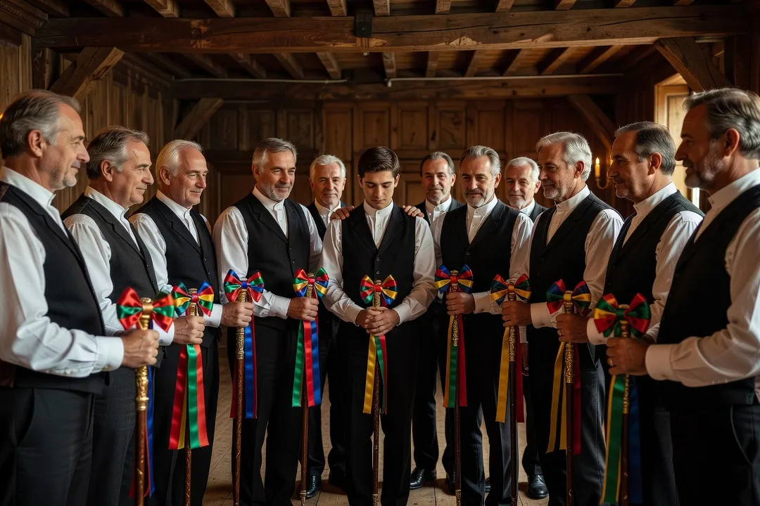 Compagnons en tenue traditionnelle réunis lors d'une cérémonie de réception dans une cayenne