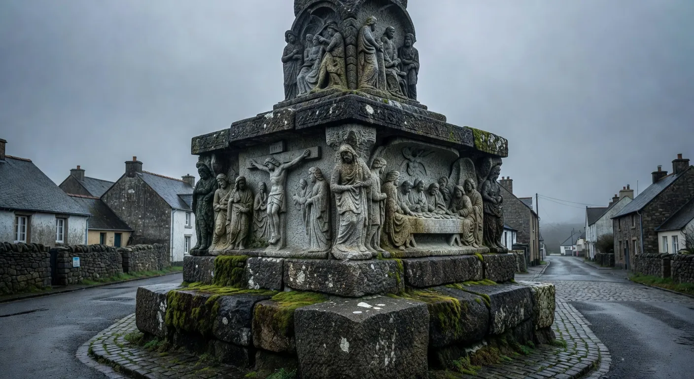 Croix de chemin en granit sculpté dans un paysage de bocage breton