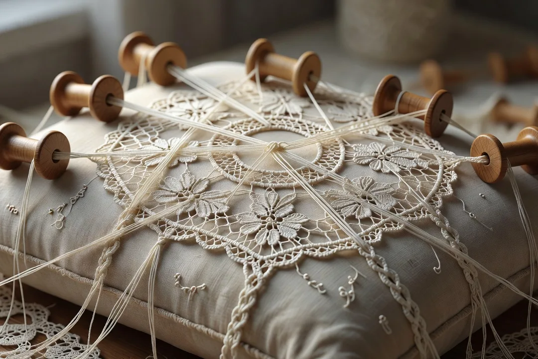 Macro de fuseaux en bois et fils croisés formant un motif de dentelle sur un coussin