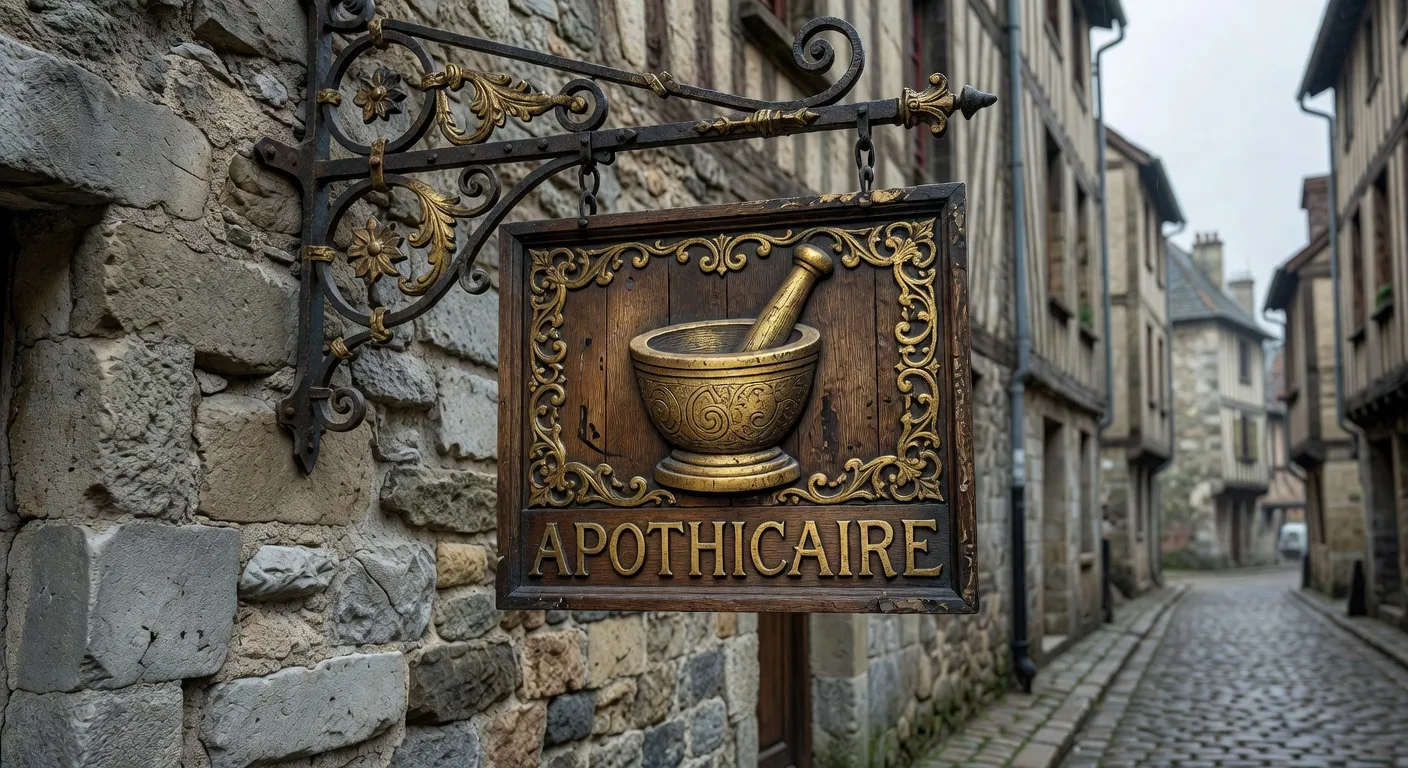 Enseigne ancienne en bois peint représentant un artisan à l'ouvrage, façade historique