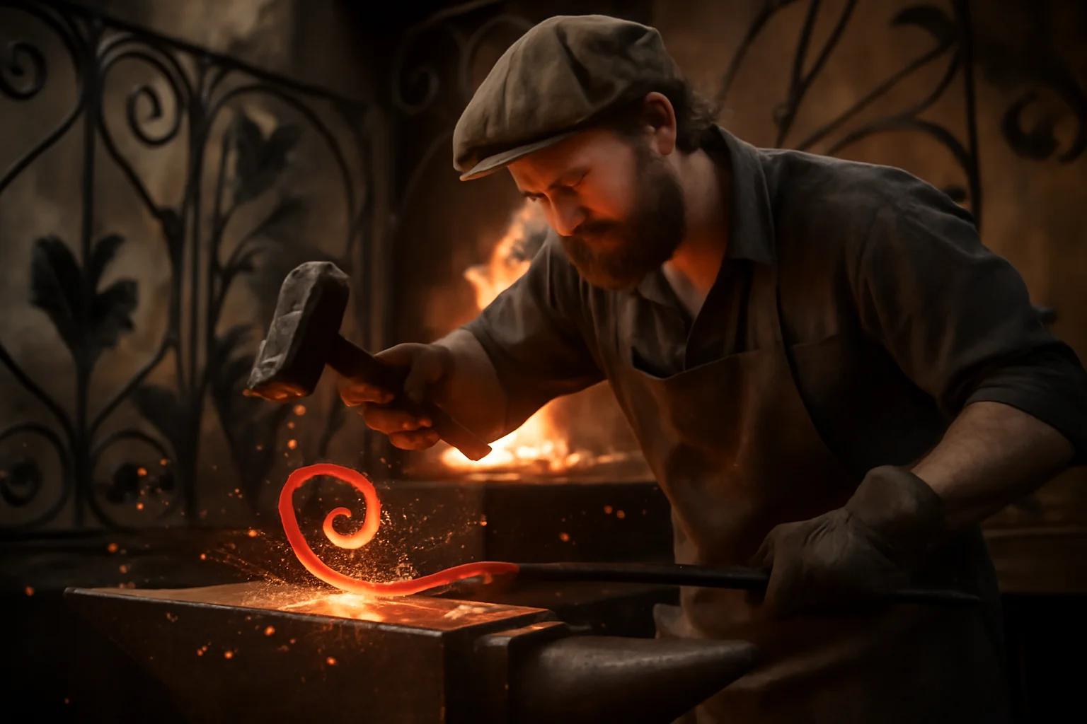 Forgeron martelant à chaud une tige de fer incandescente sur l'enclume dans une forge traditionnelle, étincelles