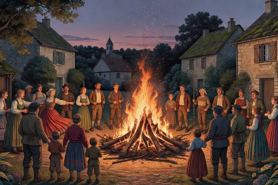 Feu de la Saint-Jean allumé sur une place de village provençal au crépuscule du solstice d'été