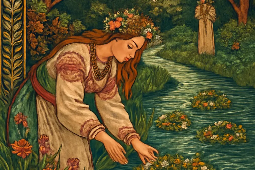 Couronne de fleurs sauvages tressée pour la nuit d'Ivan Kupala posée près d'une rivière