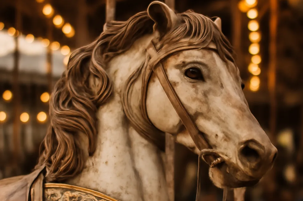 Cheval de bois de manège ancien richement peint avec harnais doré et crinière sculptée, exposé dans un musée