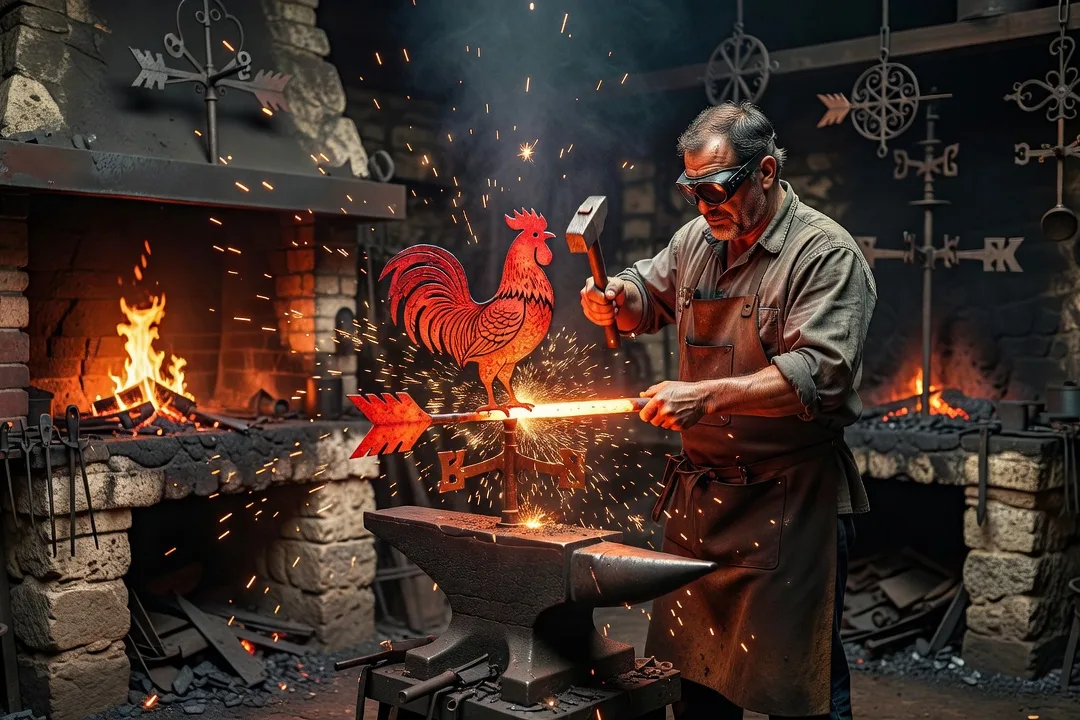 Forgeron martelant une girouette coq en fer sur son enclume, étincelles de la forge
