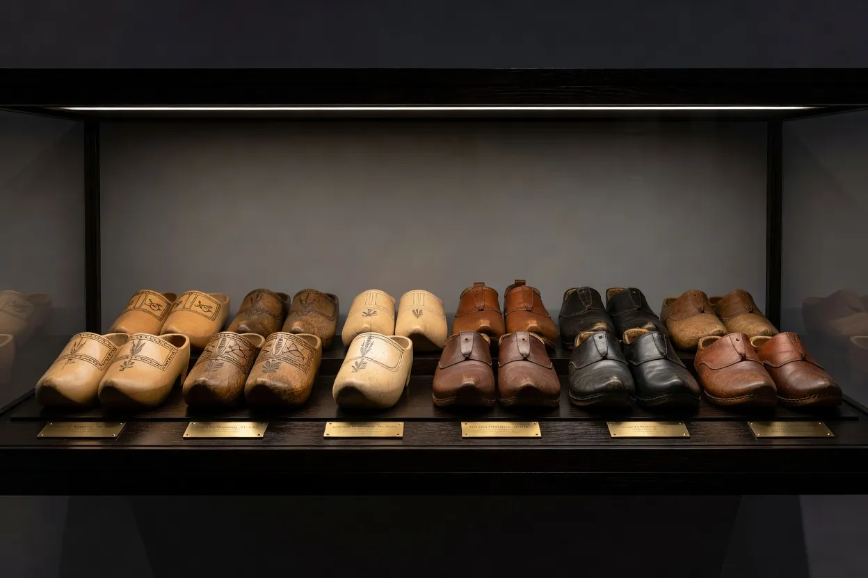 Galoches anciennes à semelle de bois et tige de cuir disposées dans une vitrine de musée