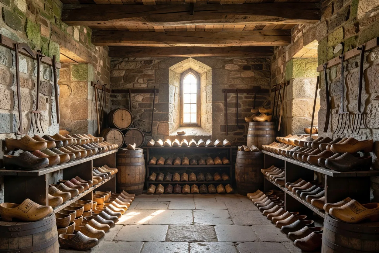 Salle d'exposition rustique avec des sabots régionaux alignés sur des étagères en bois