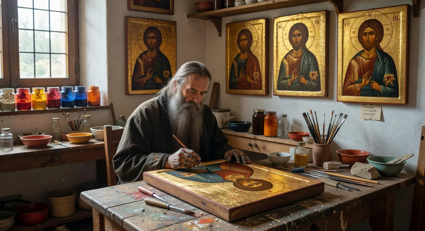 Icone populaire russe sur bois avec oklad en etain repoussee, representant saint Nicolas