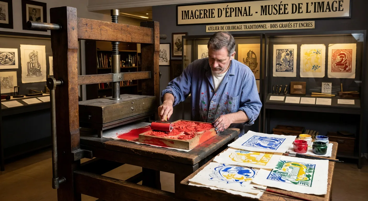 Atelier de coloriage au pochoir dans l'imprimerie Pellerin au XIXe siècle
