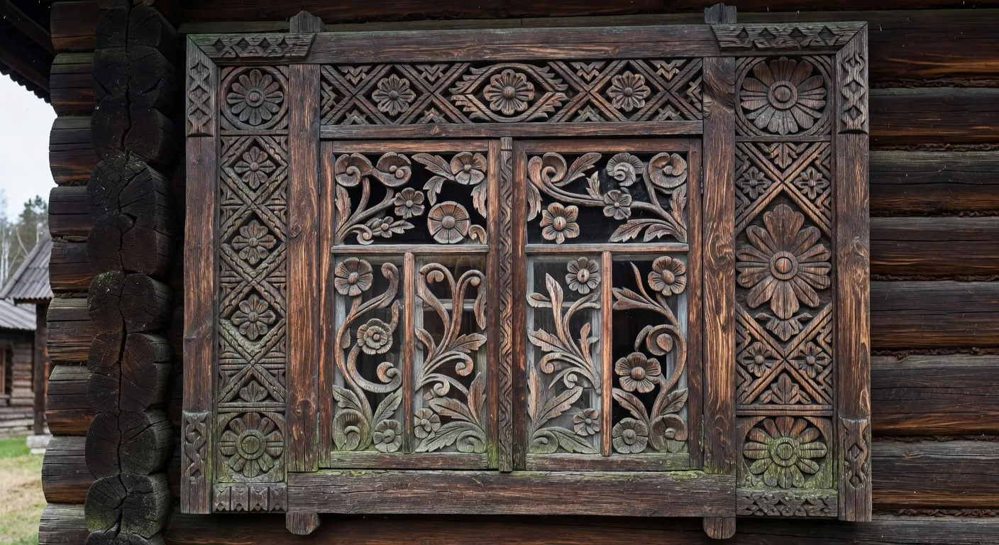 Détail des nalichniki sculptés et peints sur une fenêtre d'izba traditionnelle
