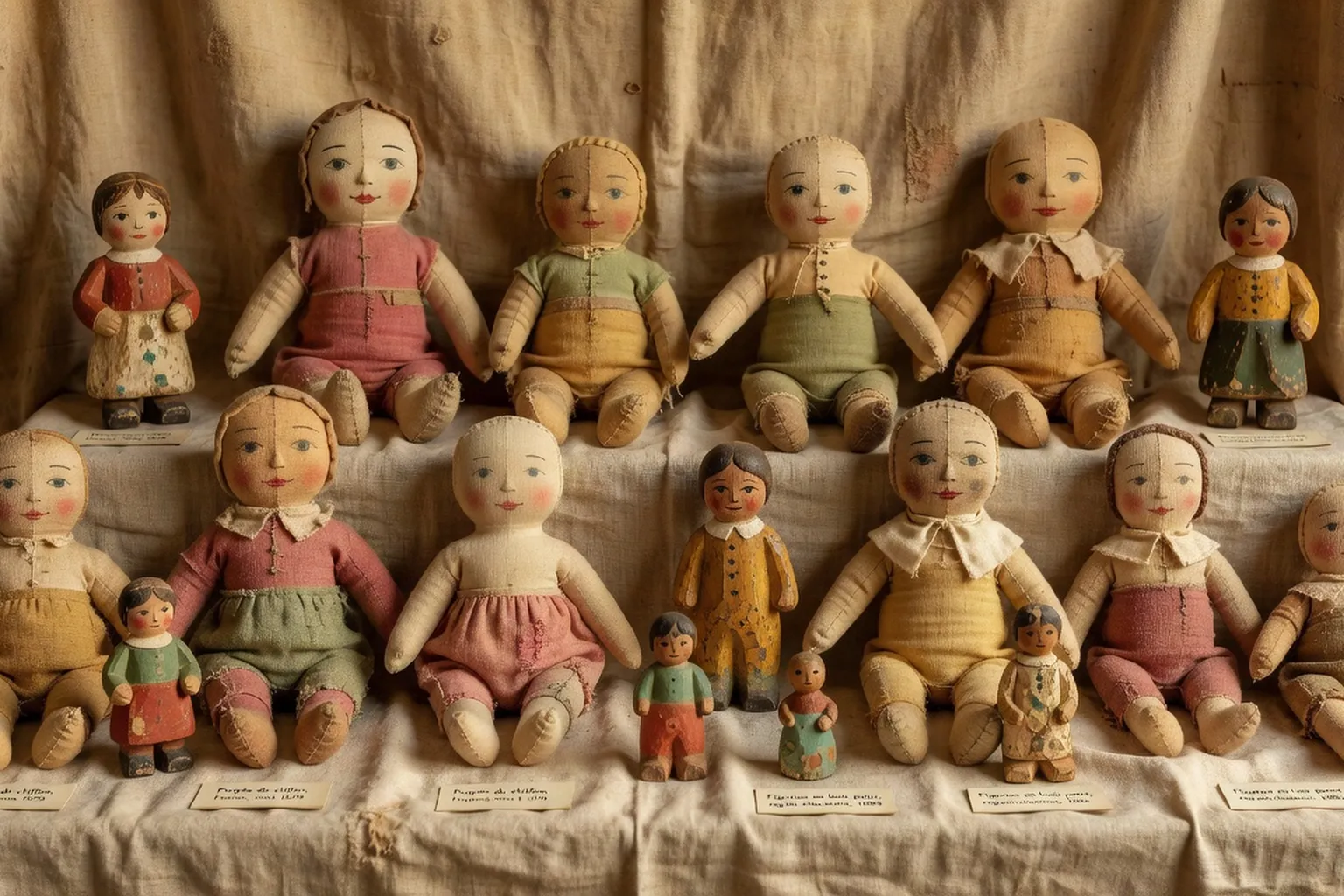 Poupées de chiffon et jouets en bois d'une collection de jouets populaires anciens