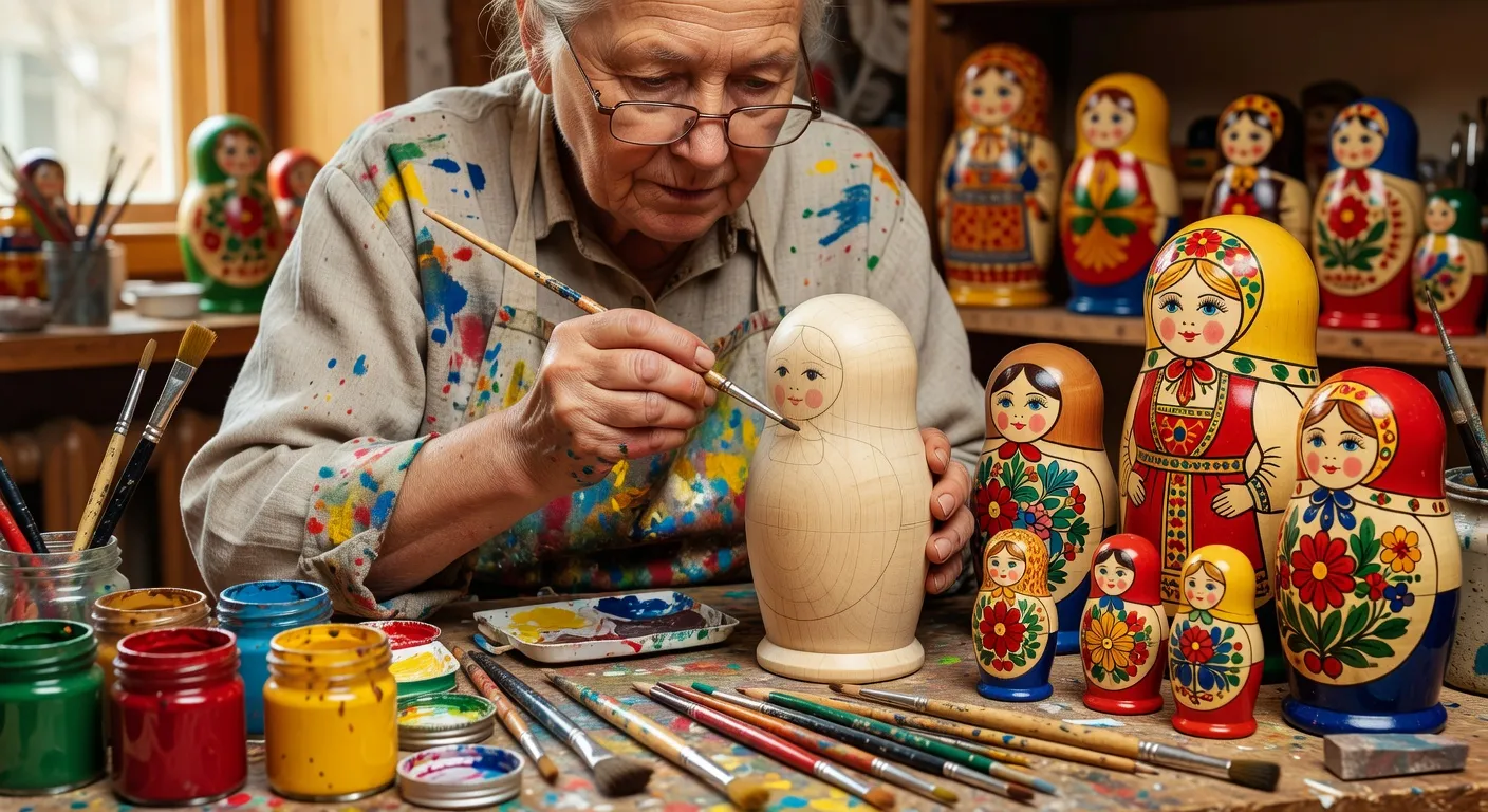 Etapes de fabrication d'une matriochka : bois brut tourne, pieces poncees et poupees peintes