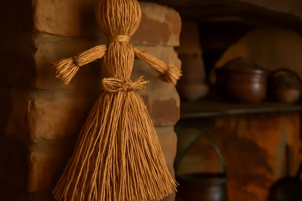 Poupée de paille tressée traditionnelle suspendue dans une cuisine rustique