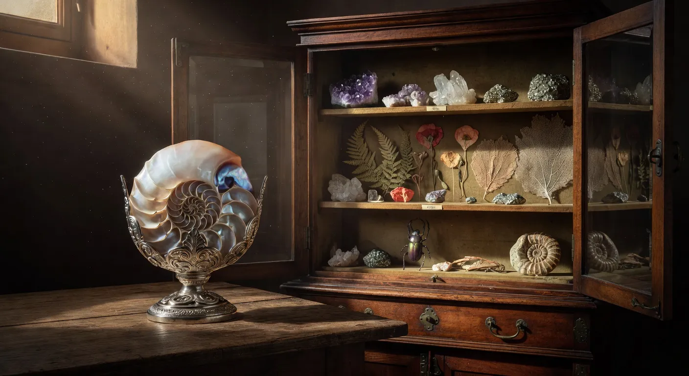 Vitrine de cabinet de curiosités avec nautile monté en orfèvrerie, coraux et instruments scientifiques en laiton