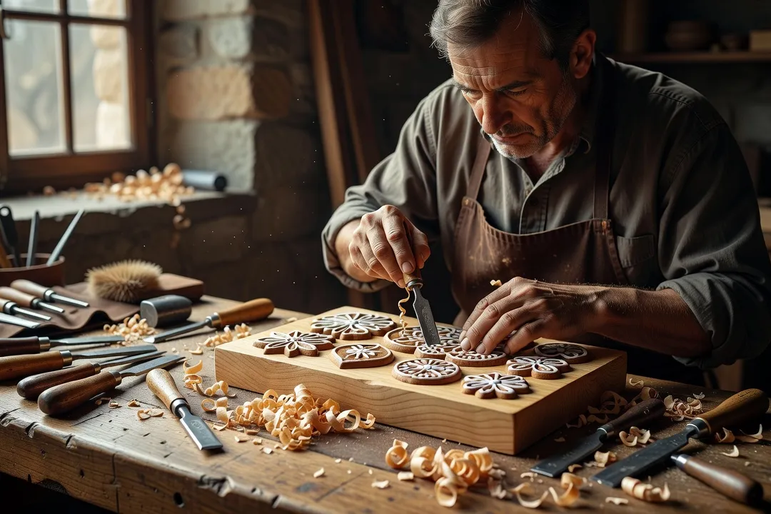 Artisan gravant à la gouge un moule à pain d'épices en bois de poirier dans un atelier