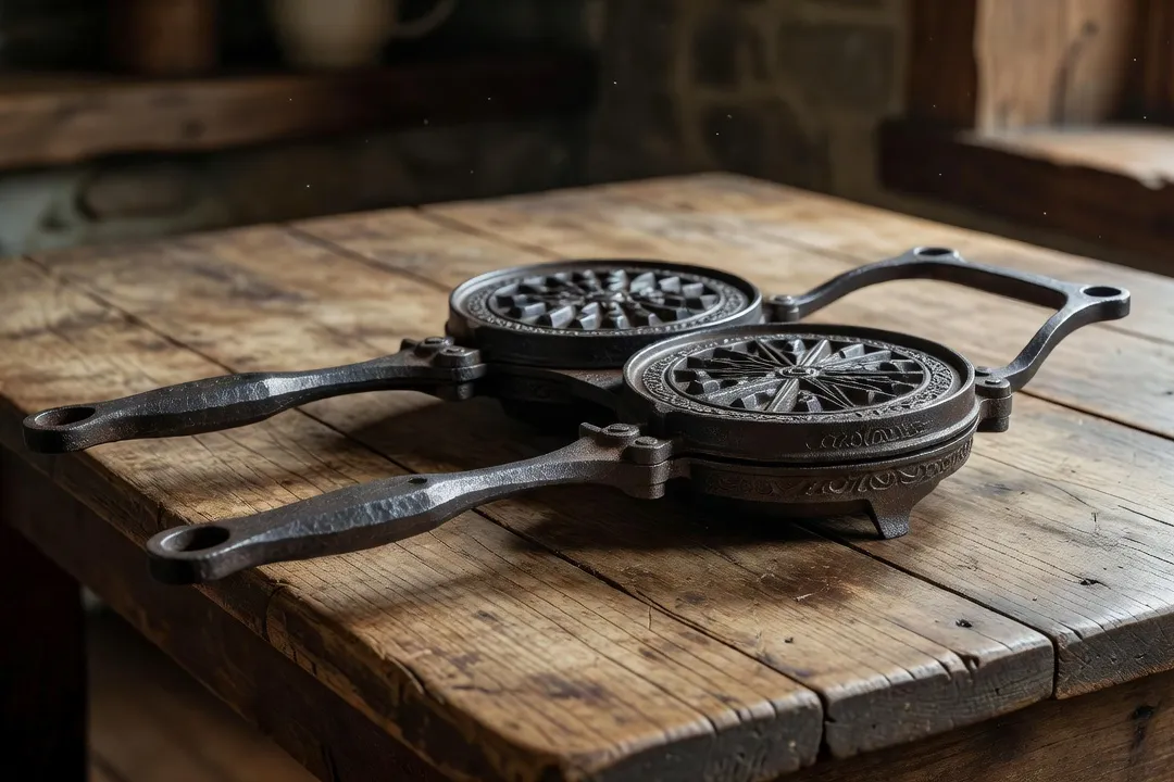 Fer à gaufres ancien en fer forgé articulé en tenaille, posé sur une table de cuisine rustique