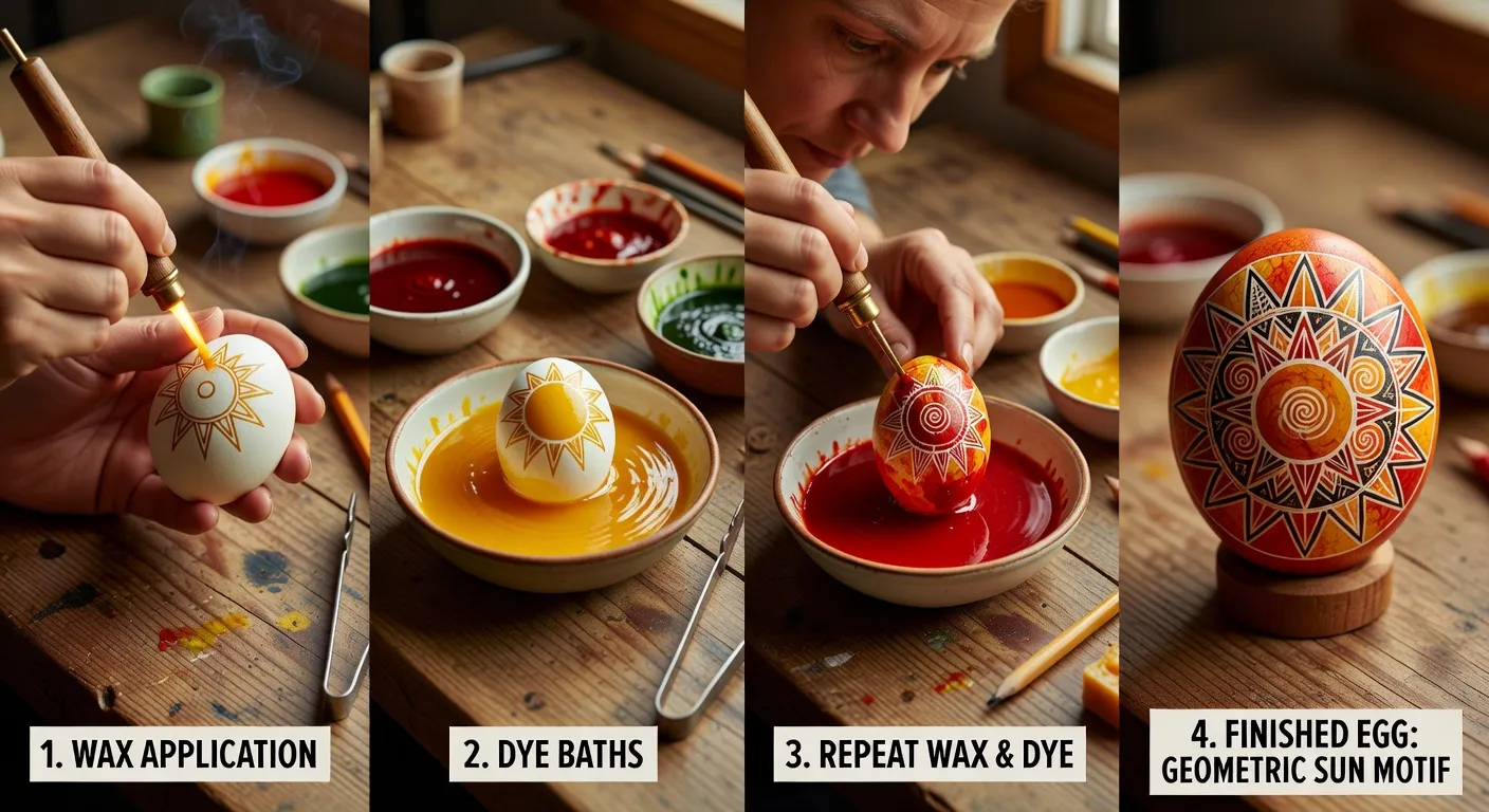 Démonstration de la technique du kistka sur un oeuf pysanka, application de cire fondue