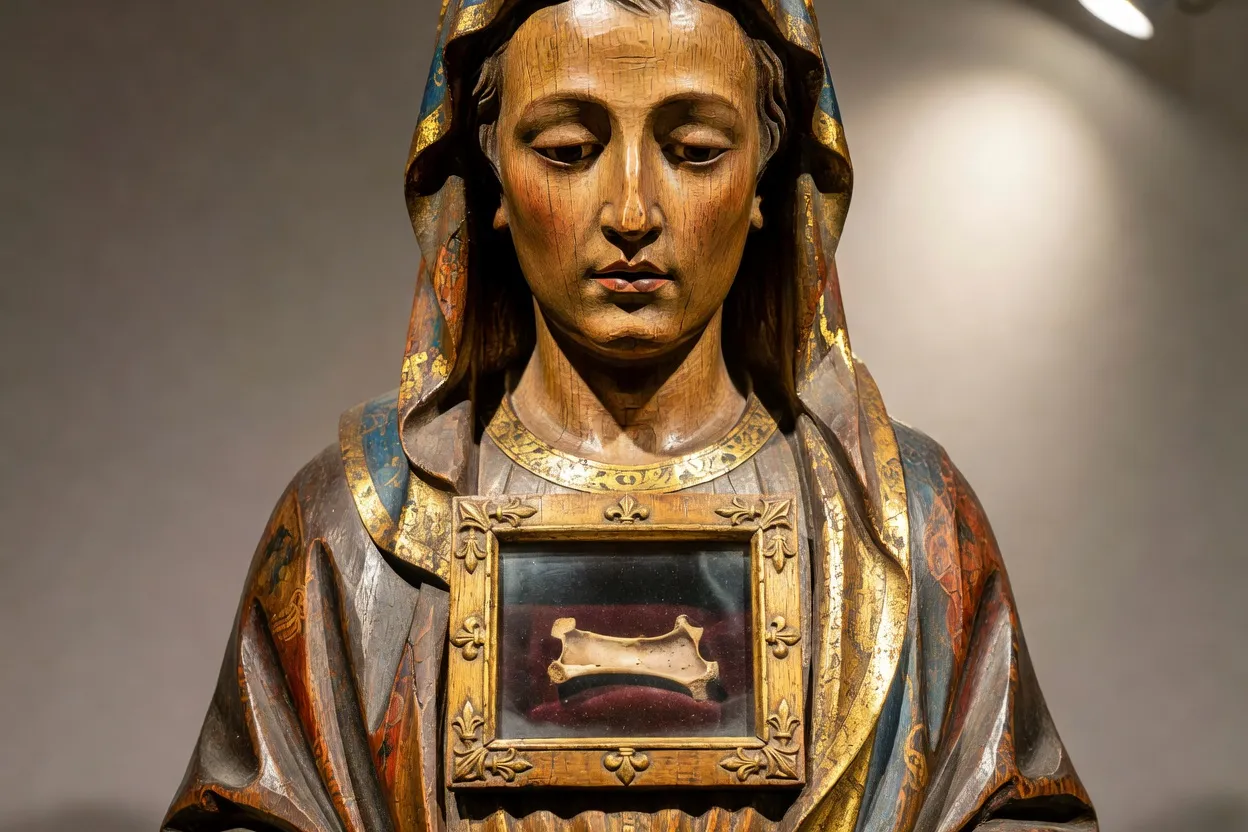 Buste-reliquaire en bois polychrome d'un saint guérisseur français avec compartiment à reliques vitré