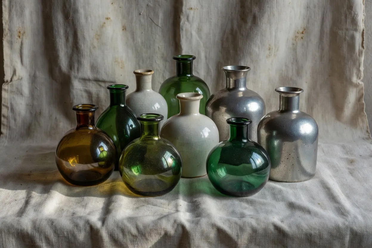 Collection de fioles et ampoules de pèlerinage en verre et céramique disposées sur un tissu ancien