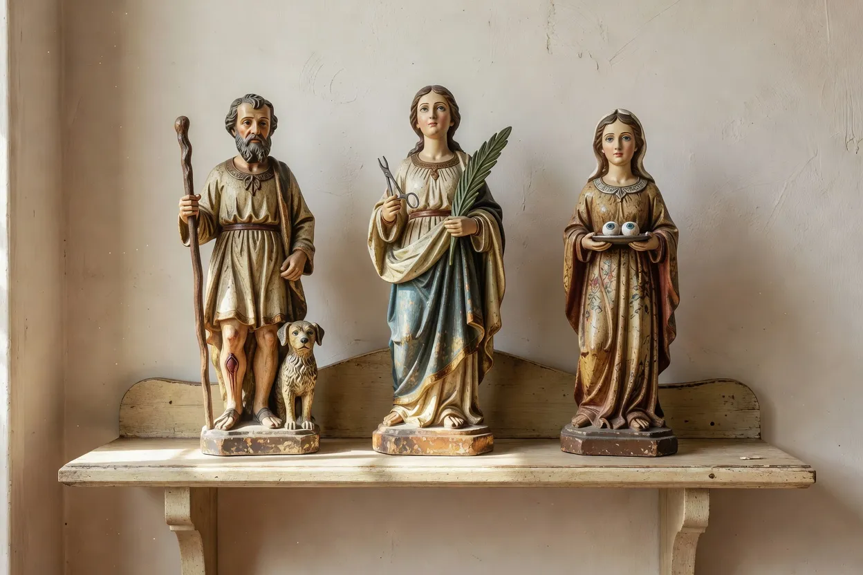 Statuettes polychromes de saint Roch, sainte Apolline et sainte Lucie sur une étagère d'oratoire domestique