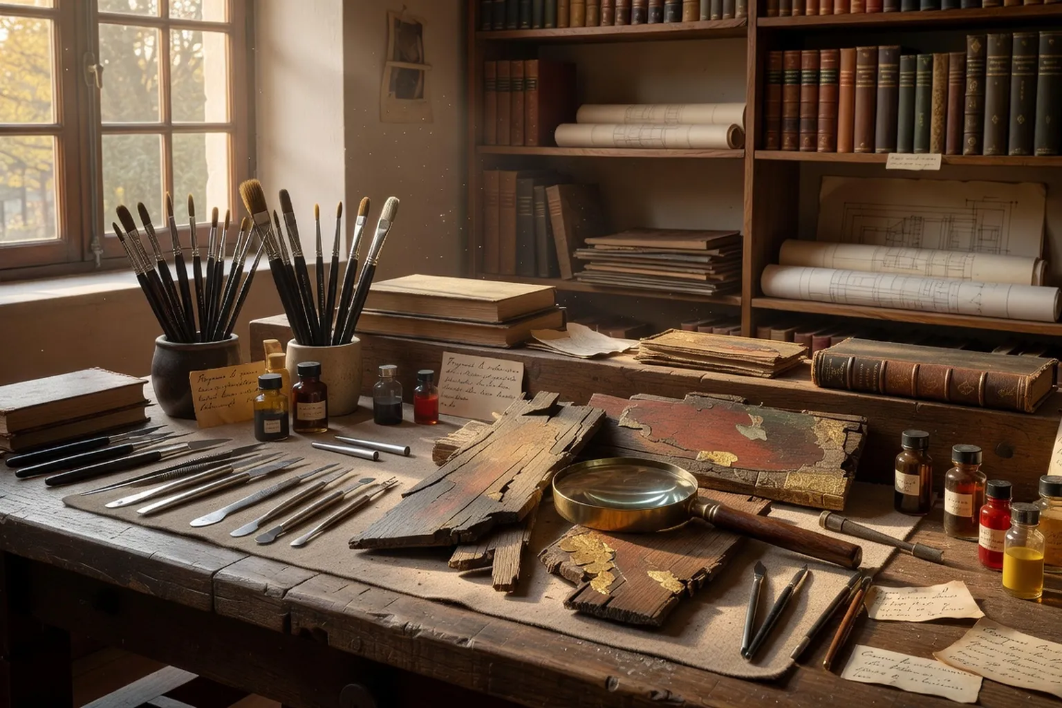 Atelier de restauration avec outils de conservation et pièces d'art populaire en cours de traitement