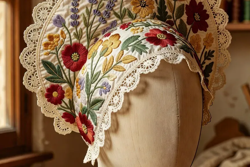 Détail d'une coiffe bretonne ancienne restaurée avec ses broderies délicates