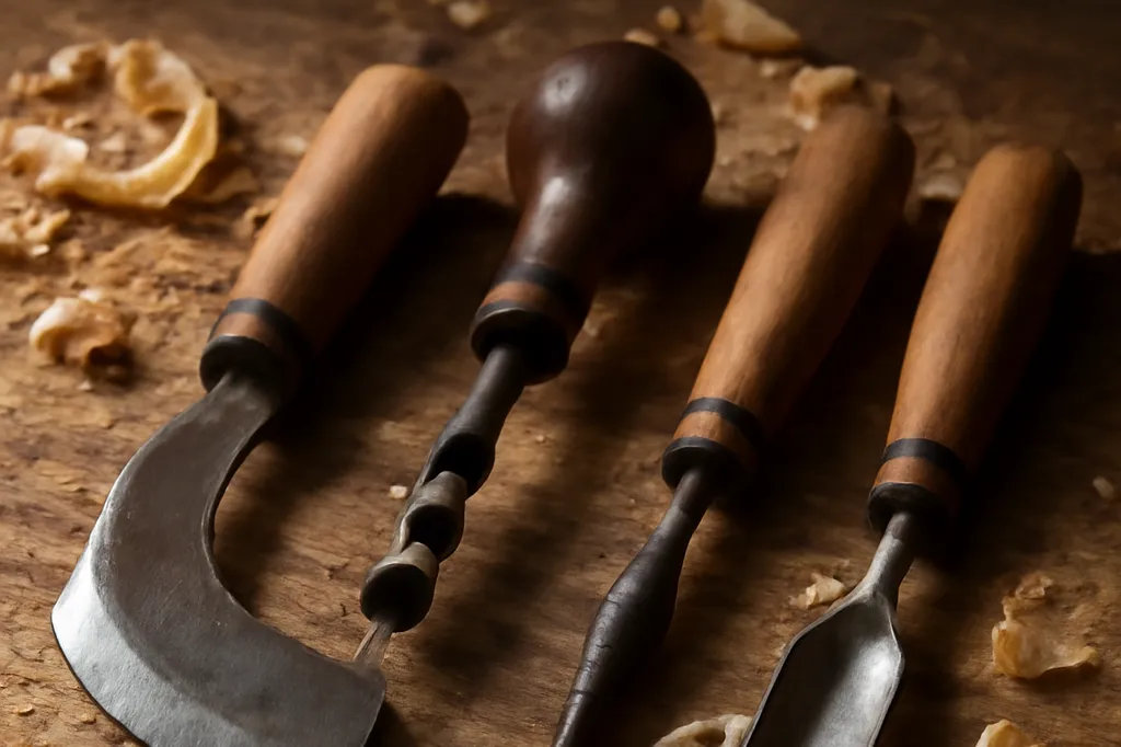 Gros plan sur des outils de sabotier traditionnels : paroir, tarière et gouges disposés sur un établi