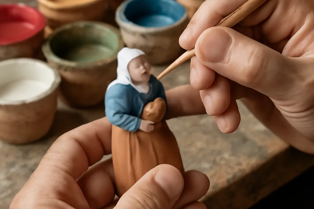 Artisan peignant à la main une figurine de santon en argile dans son atelier