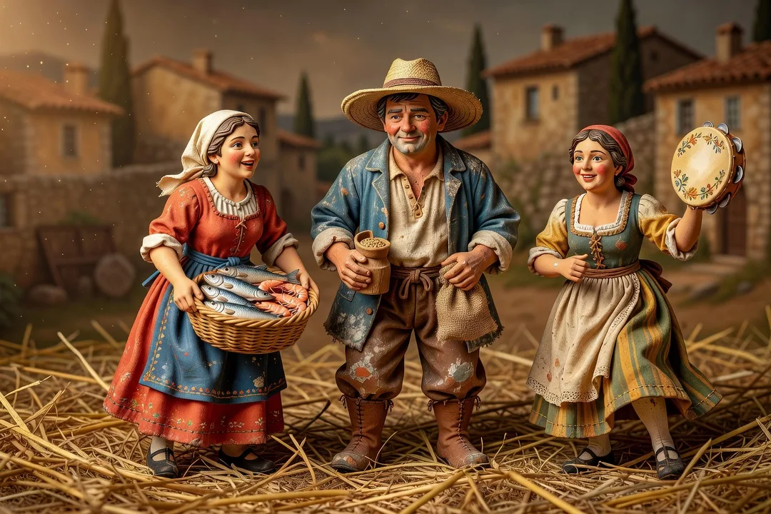 Collection de santons de métiers provençaux disposés sur une paille de crèche
