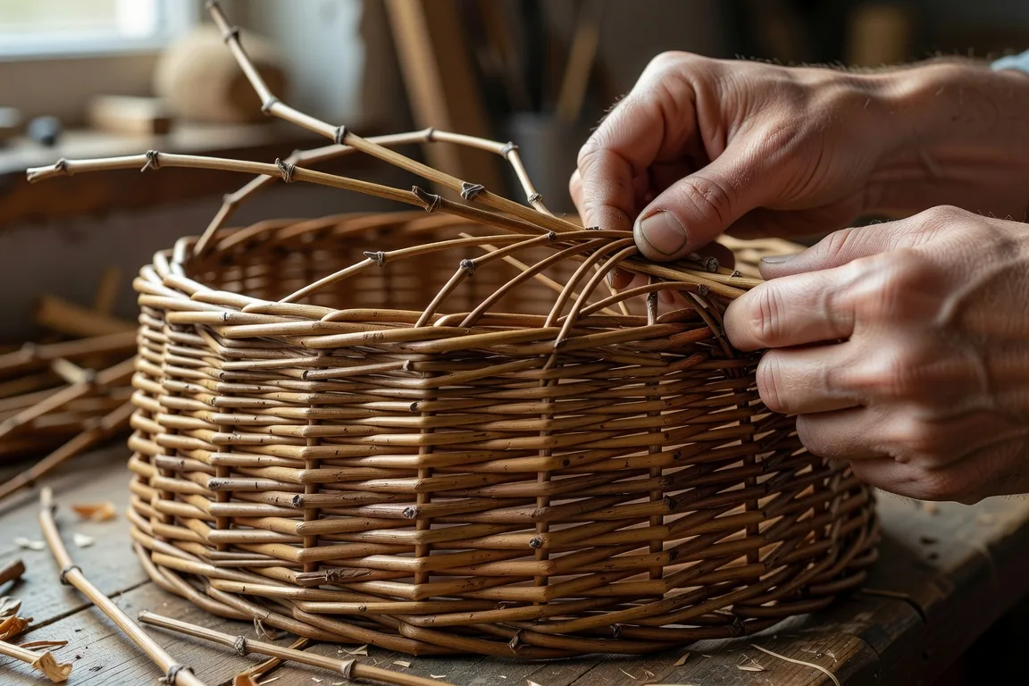 Mains d'artisan tressant des brins d'osier fins pour un panier